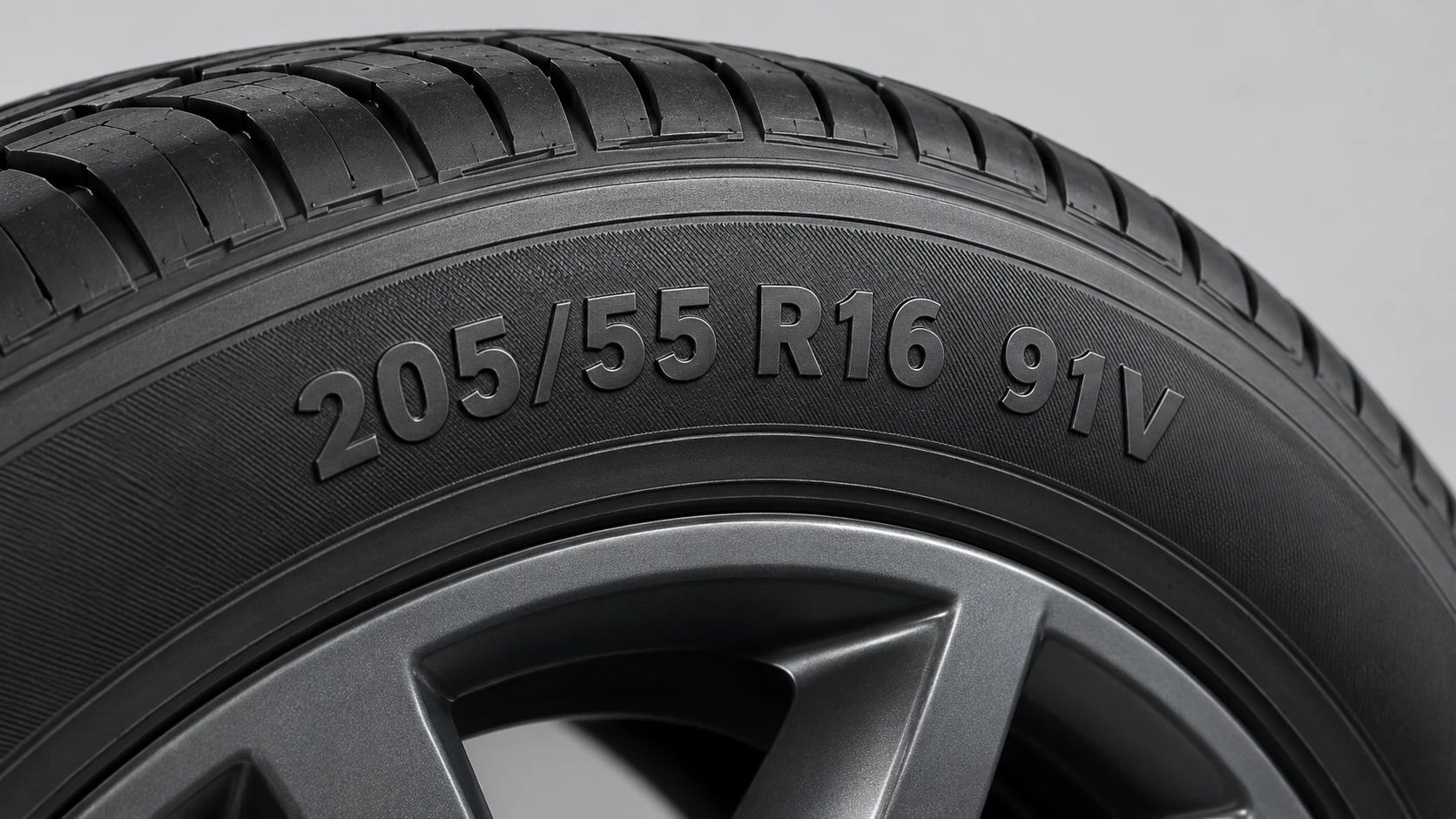 Flanc d'un pneu avec le marquage 205/55 R16 91V : largeur, hauteur du flanc, diamètre de la jante, indices de charge et de vitesse